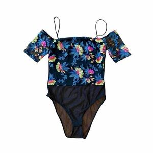 Topshop Black Floral Embroidered Off-Shoulder Bodysuit - Size 6